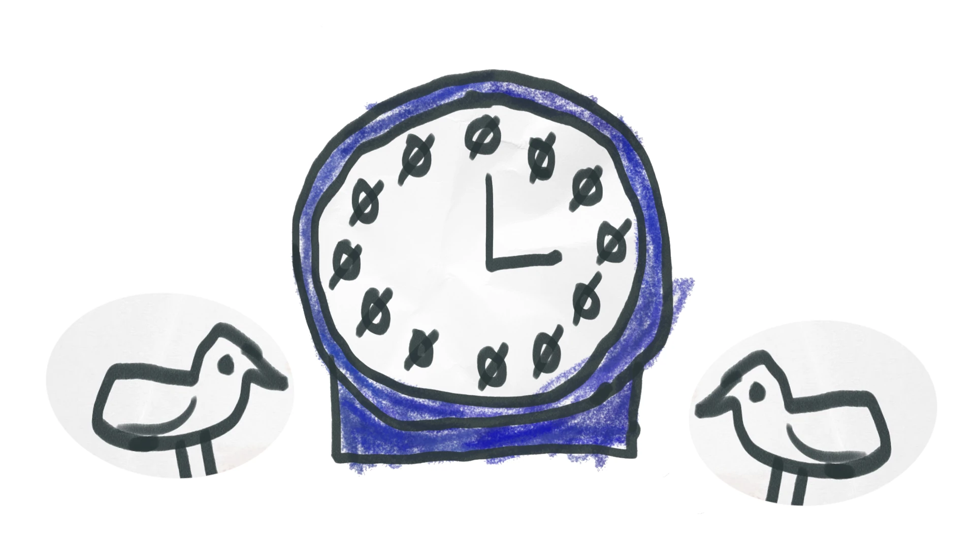 Two birds on each side of the Timewave logo, a blue clock drawn by @badkidsart