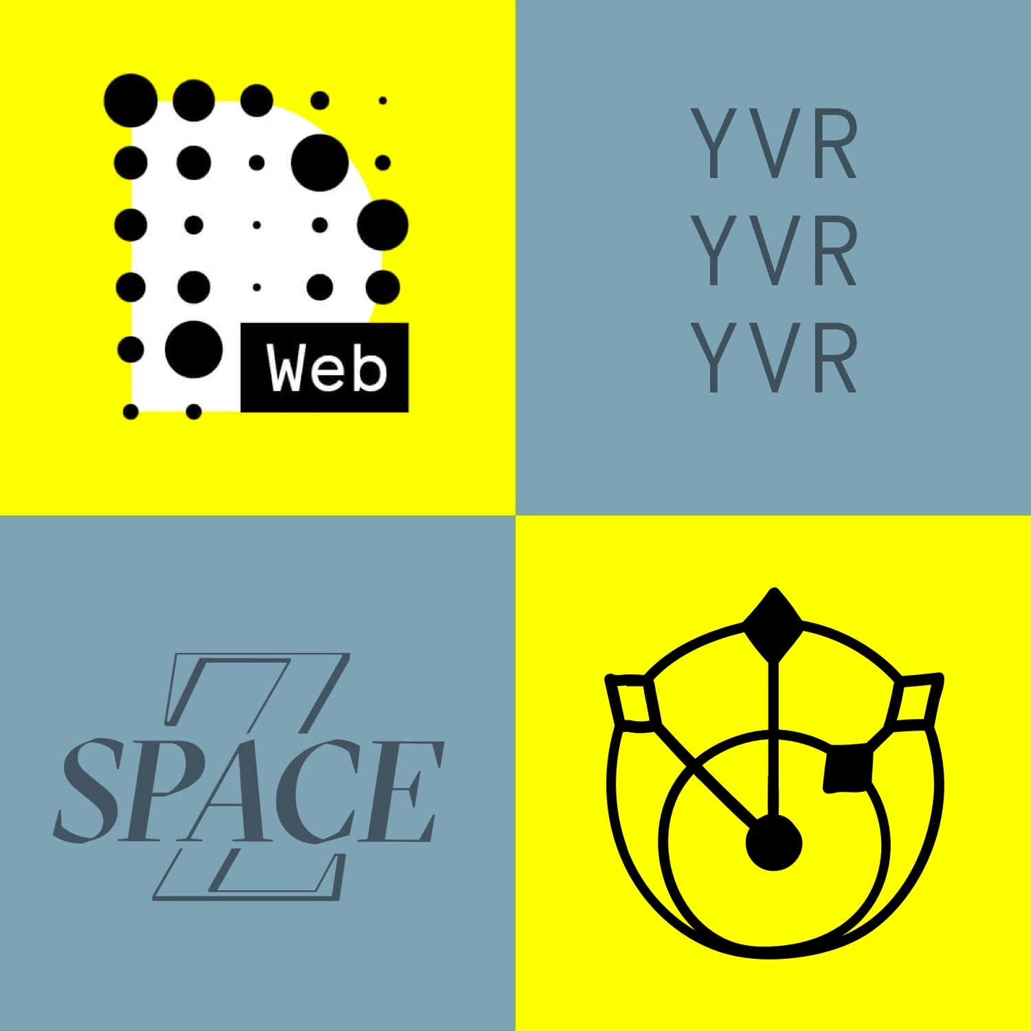 An abstract design split into four quadrants. The top-left quadrant features a stylized letter 'D' composed of black dots of varying sizes against a yellow background, with the word 'Web' in a black rectangular box at the bottom-right corner of the letter. The top-right quadrant has the text 'YVR' repeated three times vertically in gray against a blue-gray background. The bottom-left quadrant displays the word 'SPACE' in gray serif font with a large, transparent 'Z' overlapping the letters, set against the same blue-gray background. The bottom-right quadrant shows a geometric black symbol resembling interconnected nodes or a flower, also on a yellow background.